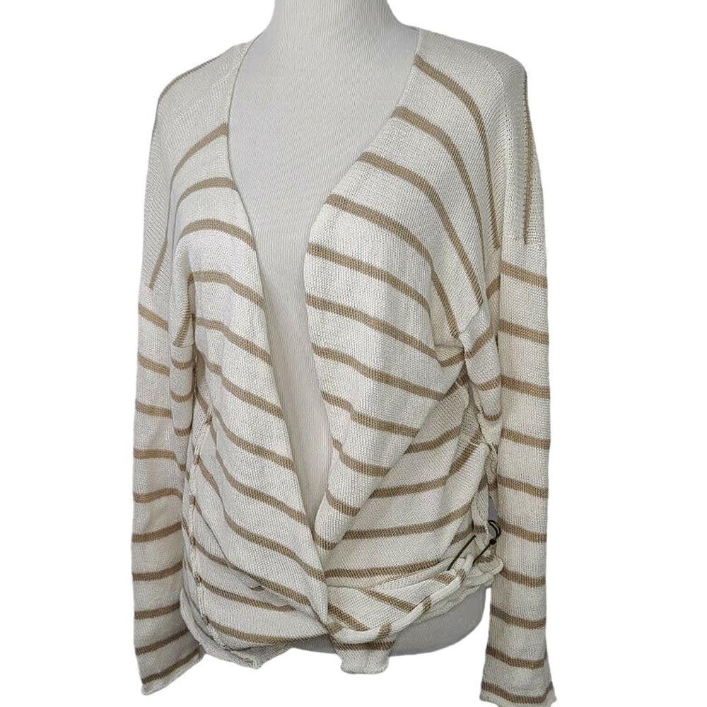 Krista Larson Cardigan Sweater White Tan Stripe Oversized Lagenlook Asymmetric